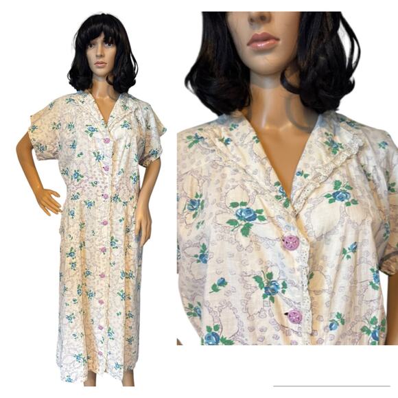 Vintage Dresses & Skirts - 1950s Handmade Floral Day Dress Blue Rose Eyelet Trim Medium